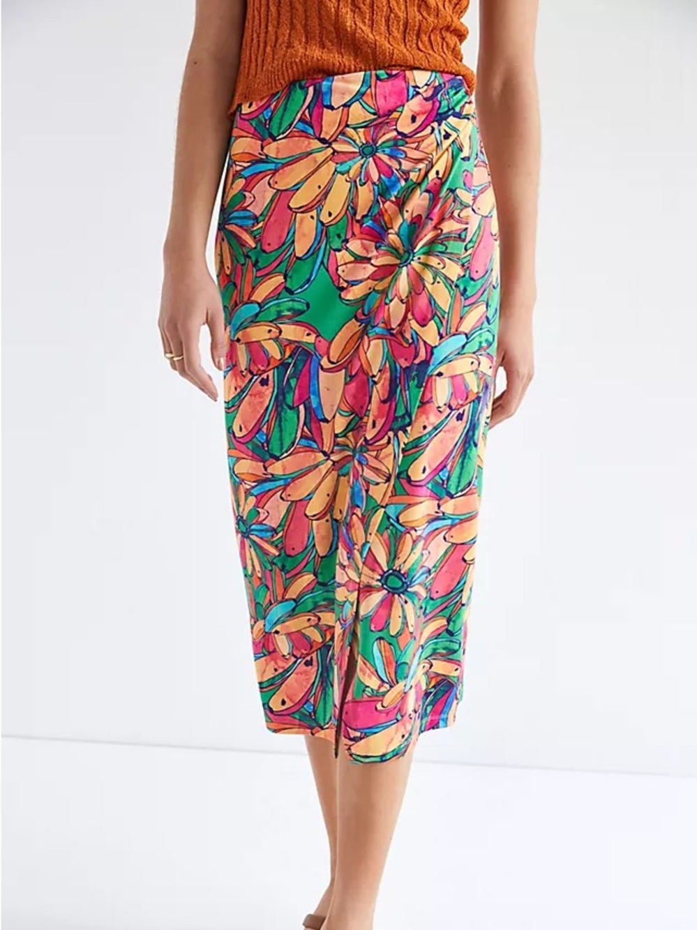 Farm Rio Getaway Midi Skirt Anthropologie Tropical Banana Floral Faux Wrap XS